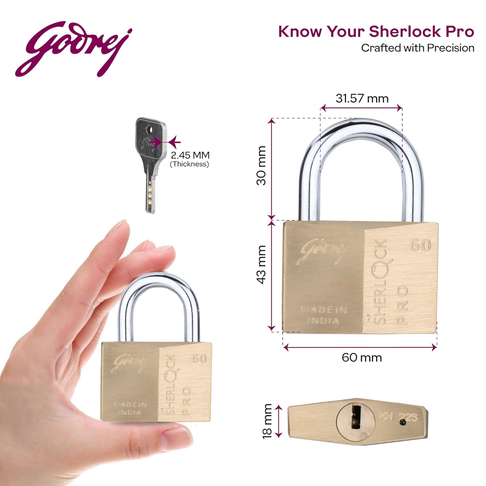 Godrej Locks | Sherlock Pro 60mm Padlock | with 4 Keys | Premium Solid Brass Lock | Self-Locking Shackle | Double Locking | Rust-Resistant | Suitable for Doors, Cabinates | 1 Year Warranty